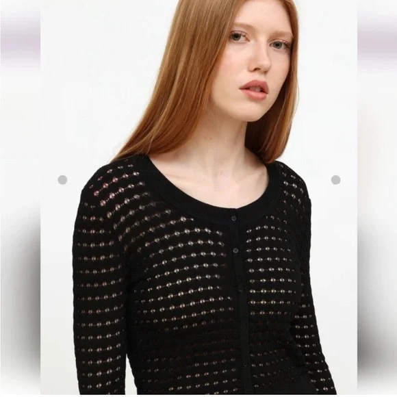 Sandro Viana Noir Lightweight Pointelle Button Up Scallop Edge Cardigan Sweater - Picture 2 of 12
